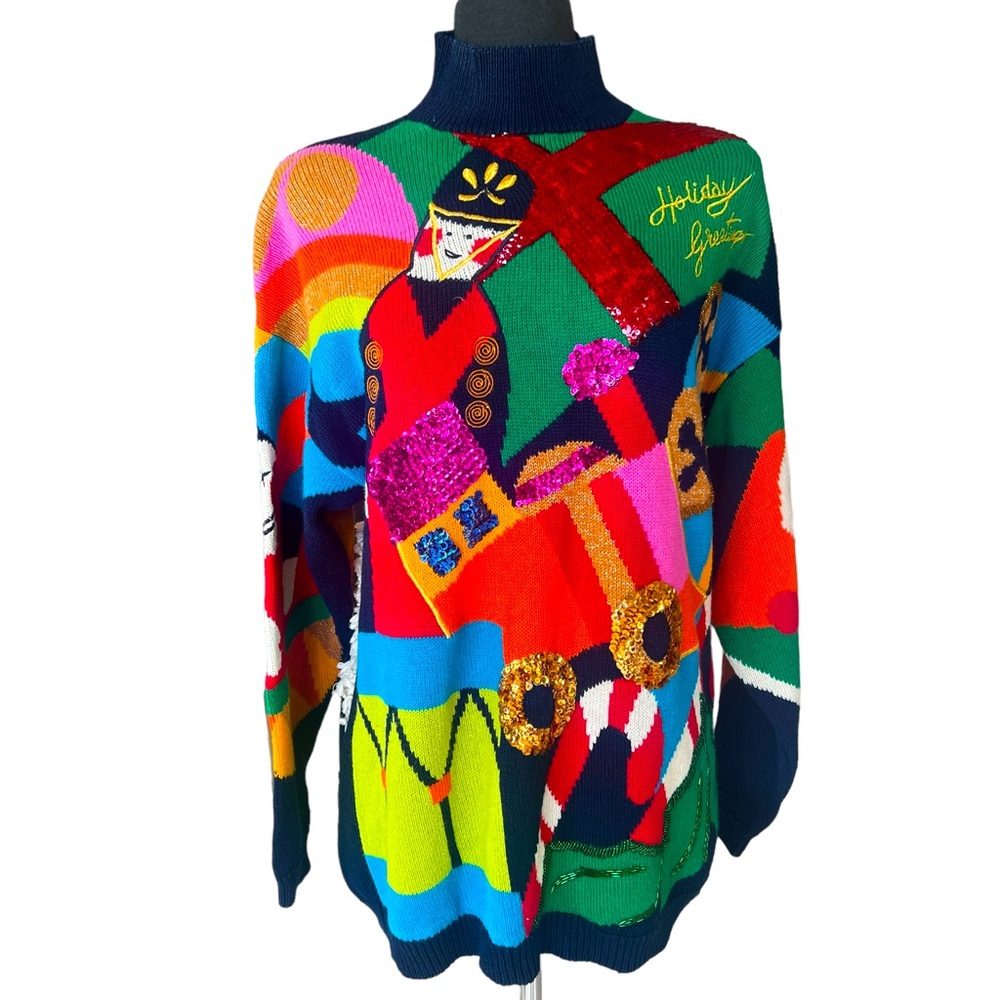 I.B. DIFFUSION SPORT CHRISTMAS SWEATER VINTAGE SEQUENCE RARE FIND WOMENS LARGE